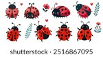 Cute cartoon ladybug collection with flowers and leaves, red beetle with dots. Funny love bugs for spring collections.Koleksi stiker .vector illustrasi eps 10