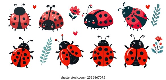 Cute cartoon ladybug collection with flowers and leaves, red beetle with dots. Funny love bugs, flower buds and foliage pack bundle for spring collections.	