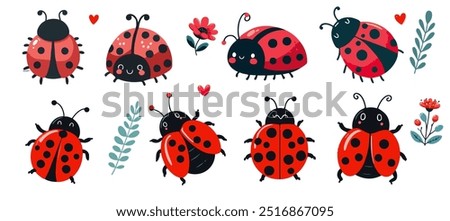 Cute cartoon ladybug collection with flowers and leaves, red beetle with dots. Funny love bugs for spring collections.Koleksi stiker .vector illustrasi eps 10