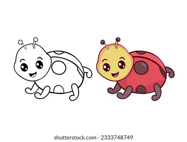 Cute cartoon ladybug. Coloring page for book. Kids drawing page with insect. Children's educational art game coloring book. Activity page and worksheet.