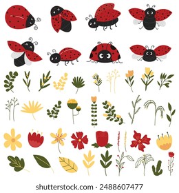 Cute Cartoon Ladybug With Flowers Element Illustration. Cute Bugs Element Collections