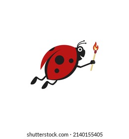 Logo de Cute caricatura ladybug. Puntee mariquita llevando una partida de madera iluminada como para dar esperanza.