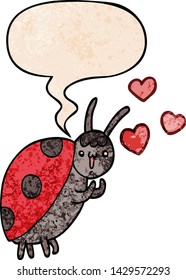 cute cartoon ladybug in love with speech bubble in retro texture style