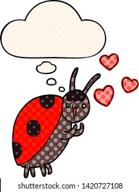 cute cartoon ladybug in love with thought bubble in comic book style