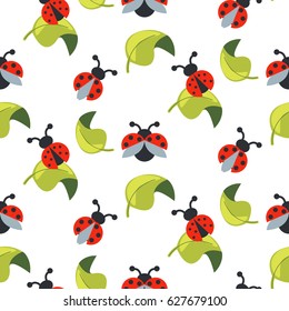 Cute cartoon ladybug on green leaves seamless vector pattern. Red color flying beetles for textile, apparel and wallpaper.