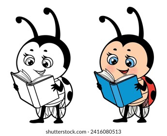 Cute cartoon ladybug read a book color variation and putlined for coloring page on white background