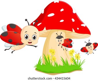 cute cartoon ladybug with red mushroom