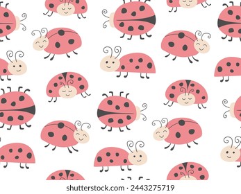 Cute cartoon Ladybug seamless Pattern. Funny Character illustration for kids Design. Wildlife flying insect Background. Abstract simple cute baby beetle