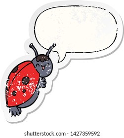 cute cartoon ladybug with speech bubble distressed distressed old sticker