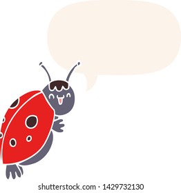 cute cartoon ladybug with speech bubble in retro style