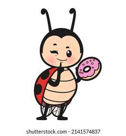 Cute cartoon ladybug with tasty donut color variation for coloring page on white background