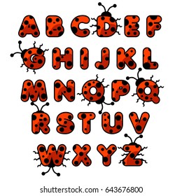 Cute cartoon ladybug zoo alphabet. English abc animals education cards kids on white background