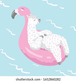 cute cartoon lama alpaca in flamingo swimming ring Vector Illustration. unique design for cards, posters, t-shirts, invitations