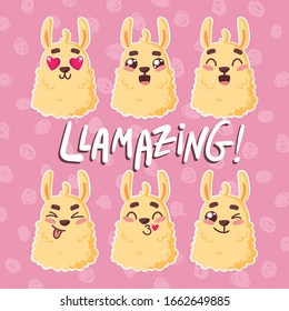 tira caricatura lama alpaca kawaii emoji ambientado con un original fondo rosa con letras dibujadas a mano y llamativas con espolvorines.Vector Ilustración.diseño único para tarjetas, carteles, pantalones, invitaciones