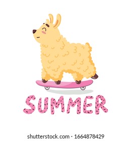 cute cartoon lama alpaca on skateboard with unique hand drawn lettering quote- summer-with sprinkles.Vector Illustration. unique design for cards, posters, t-shirts, invitations