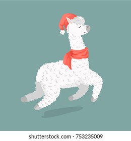 cute cartoon lama alpaca in santa claus hat. happy new year 2018 design element. Vector Illustration. unique design for cards, posters, t-shirts, invitations, patch and stickers