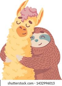 cute cartoon lama alpaca with sloth. friendship and best friend forever concept. colorful children's poster