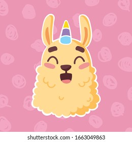 cute cartoon lama alpaca with unicorn horn on pink background with sprinkles.Vector Illustration. unique design for cards, posters, t-shirts, invitations