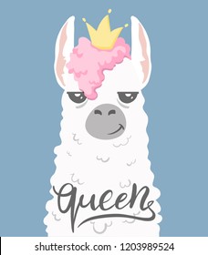 cute cartoon lama alpaca with unique hand drawn lettering - queen.Vector Illustration. unique design for cards, posters, t-shirts, invitations