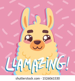 cute cartoon lama alpaca withbunique hand drawn lettering quote- llamazing- on pink backgroung with sprinkles.Vector Illustration. unique design for cards, posters, t-shirts, invitations