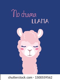 Cute cartoon lama alpaca withunique hand drawn raspberry lettering quote "no drama llama". Vector Illustration. unique design for cards, posters, t-shirts, invitations. Pink llama on a blue background