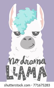 cute cartoon lama alpaca withunique hand drawn lettering quote- no drama llama.Vector Illustration. unique design for cards, posters, t-shirts, invitations