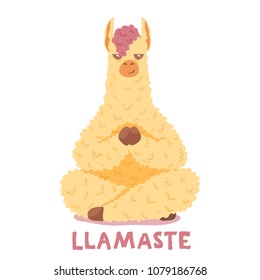 cute cartoon lama alpaca in youga pose  and hand drawn lettering quote-llamaste. Vector Illustration. unique design for cards, posters, t-shirts, invitations