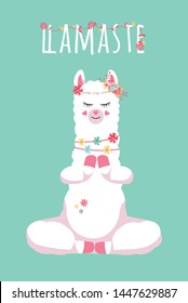 cute cartoon lama alpaca in youga pose and hand drawn lettering quote-llamaste. Vector Illustration. unique design for cards, posters, t-shirts, invitations