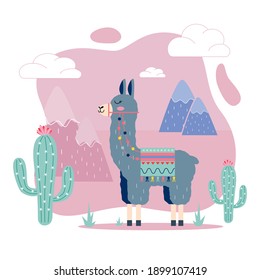 Cute cartoon lama with cactus and mountains vector design on pink