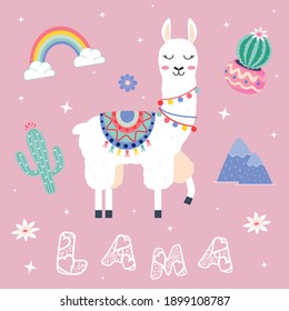 Cute cartoon lama with cactus rainbow vector design on pink