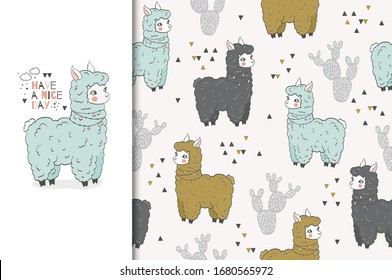 Cute cartoon lama card and seamless pattern set. Hand drawn illustration. Textile fabric surface design.