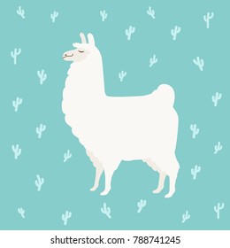 Cute cartoon lama design - Hand drawn illustration with funny white llama and cactuses