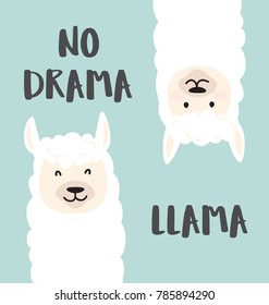 Cute Cartoon Lama Design mit Kein Drama Lamas motivierendes und inspirierendes Zitat. Handgezeichnete Vektorgrafik mit lustigen, weißen Lamakenköpfen