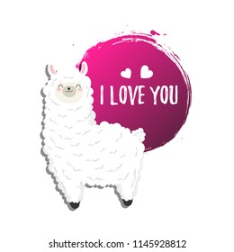 Cute cartoon lama, doodle vector illustration. You  text card