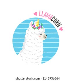 Cute cartoon lama, doodle vector illustration. Llamacorn