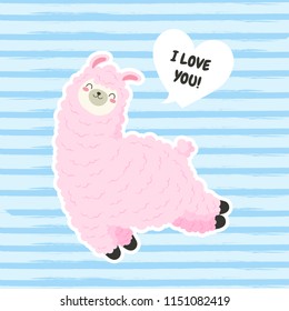 Cute cartoon lama, doodle vector illustration. I love you text card