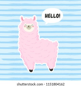 Cute cartoon lama, doodle vector illustration. Hello text card
