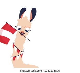 Cute cartoon lama with flag of Peru on white background. Vector illustration