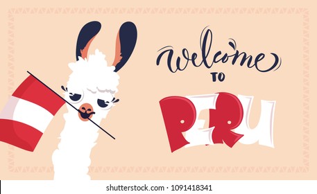 Cute cartoon lama with flag of Peru. Welcome to Peru poster. Vector illustration