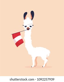 Cute cartoon lama with flag of Peru on pink background. Vector illustration