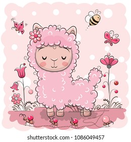 Cute Cartoon Lama with flowers and butterflies