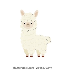 Lindo lama de dibujos animados. Linda alpaca esponjosa. Pequeño animal doméstico. Niños ilustración de animales. Vector plano sobre fondo blanco.