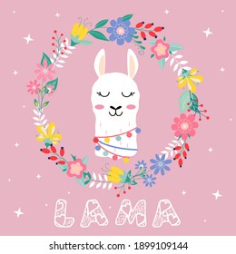 Cute cartoon lama head with flower wreath vector design on pink