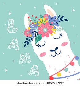 Cute cartoon lama head with flowers vector design on green