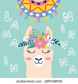 Cute cartoon lama head in nirvana vector design on green