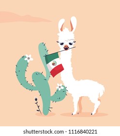 Cute cartoon lama with mexican flag and cactus on pink background. Vector illustration