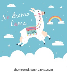 Cute cartoon lama No drama vector design on blue