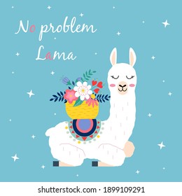 Cute cartoon lama No problem vector design on blue