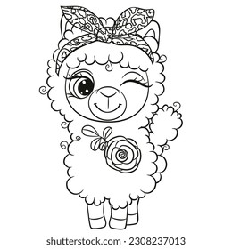 Cute Cartoon Lama delineado para el libro de colores aislado en un fondo blanco