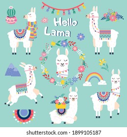 Cute Cartoon Lama Set With Cactus Rainbow Wreath Mountains Vector Design On Green